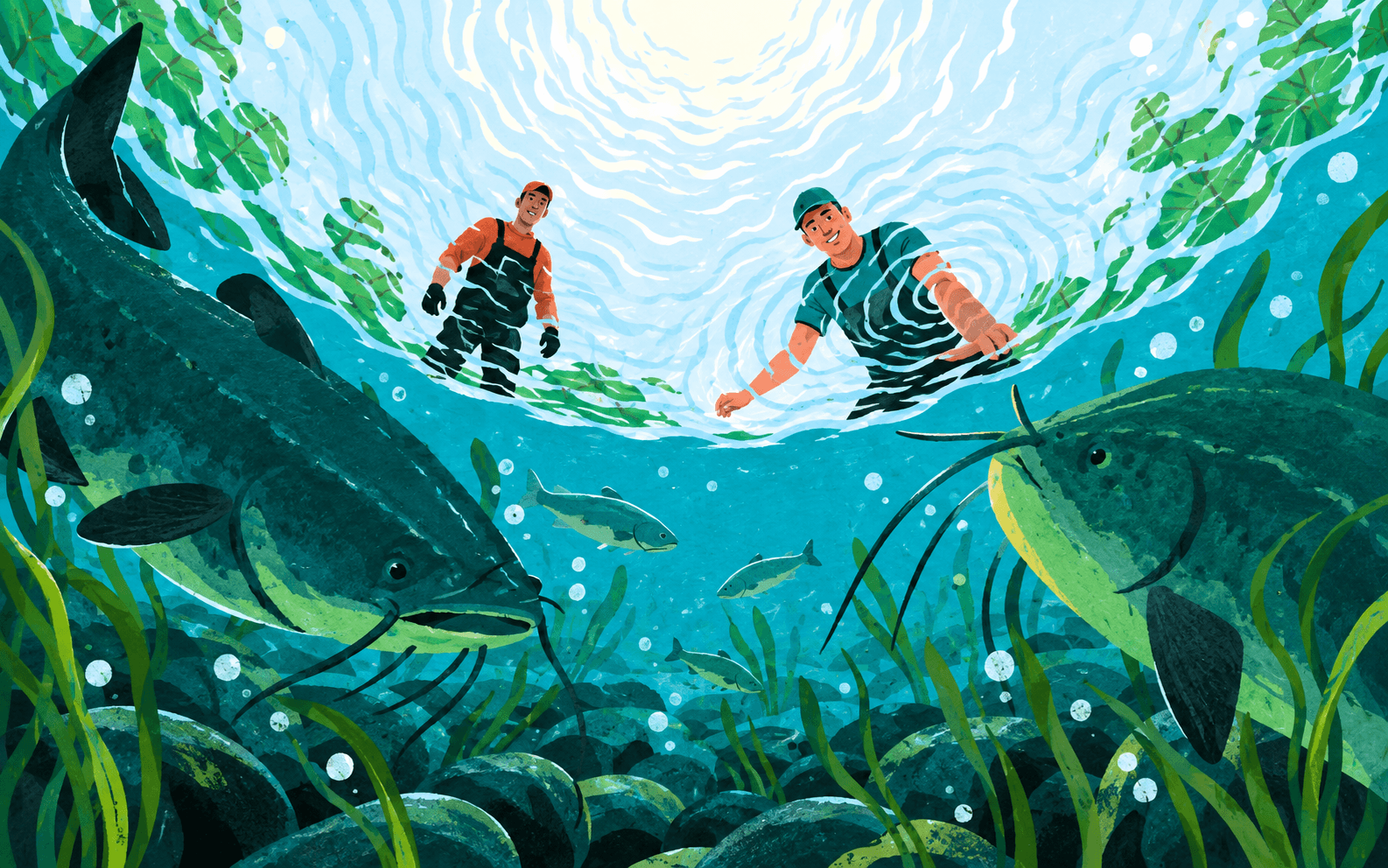 Two people peer through a sunlit river surface, surrounded by rippling light, giant catfish and aquatic plants.
